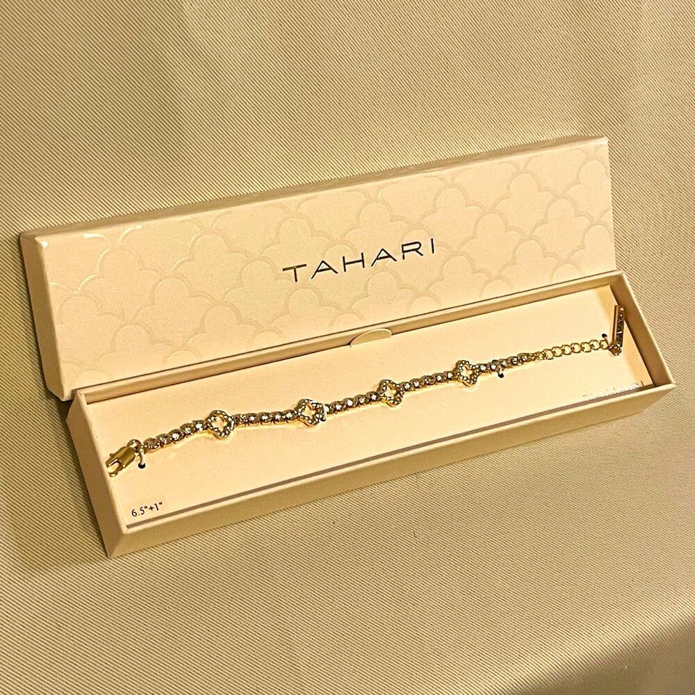 Tahari Gold Tone Rhinestone Flower Chain Bracelet 6.5in+1in Adjustable